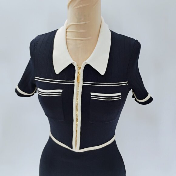 Sandro Two Tone Knit Dress Size 38 in Ecru/Marine - Picture 14 of 16